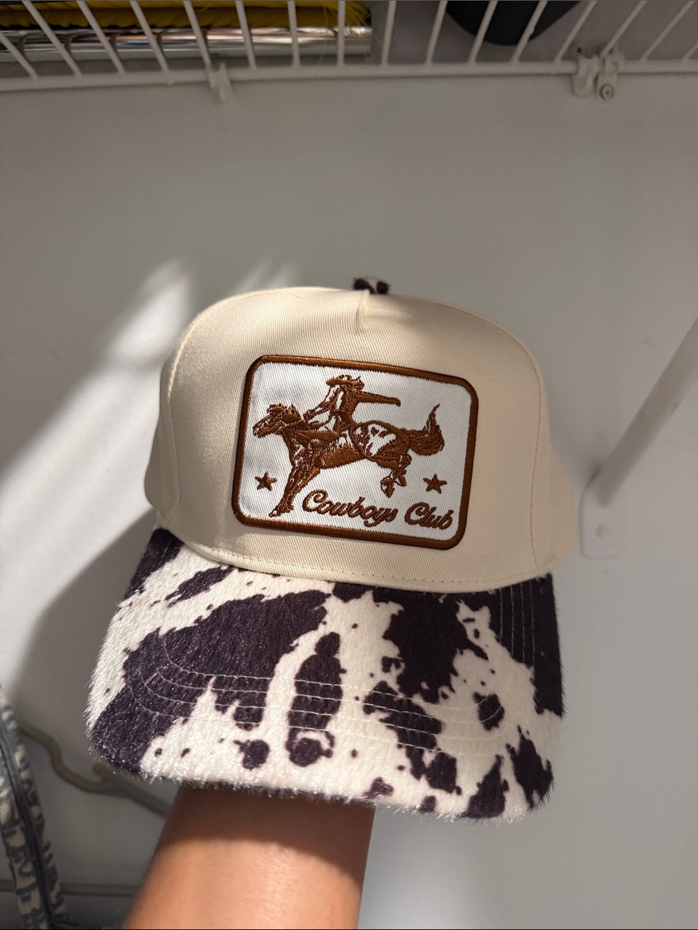 Womens Cream and Brown Cowhide Cap